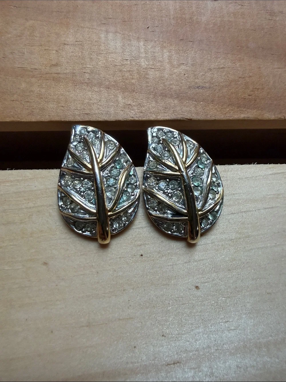 Vintage 1960s Gold & Silver Tone Clear Crystal Pave Leaf Postback Earrings